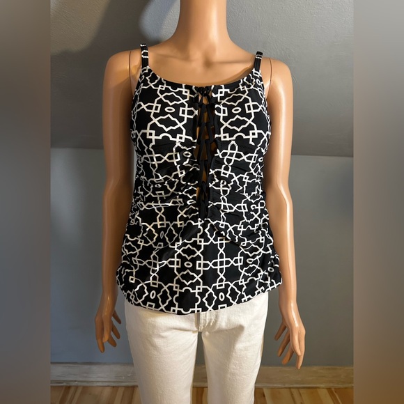 Profile by Gottex Navy & White Lace-Up Tankini Top Geometric Print Size 10 EUC - Picture 4 of 5